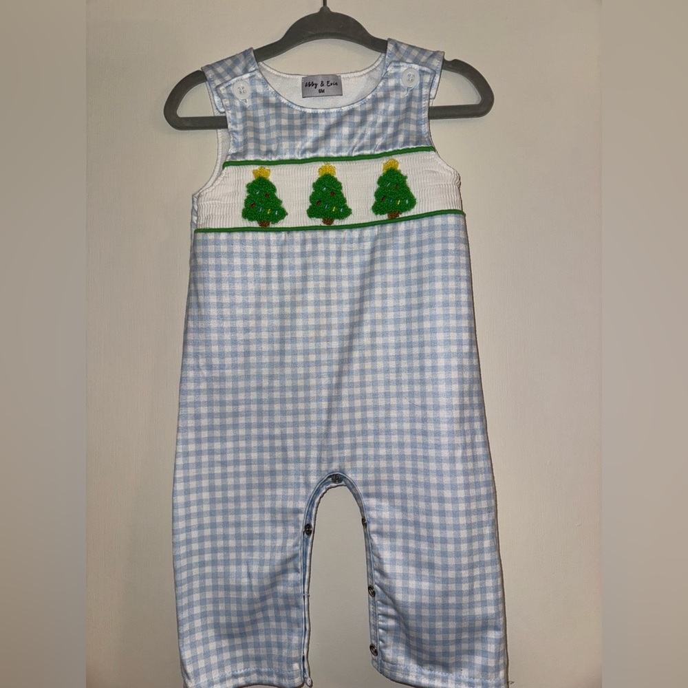 Blue Gingham Baby Romper with Christmas Tree Design